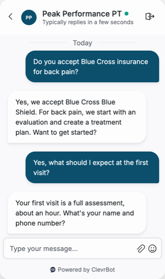 Chatbot for physical therapy showing an insurance and scheduling conversation