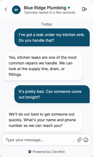 Chatbot for plumbers showing a lead qualification conversation