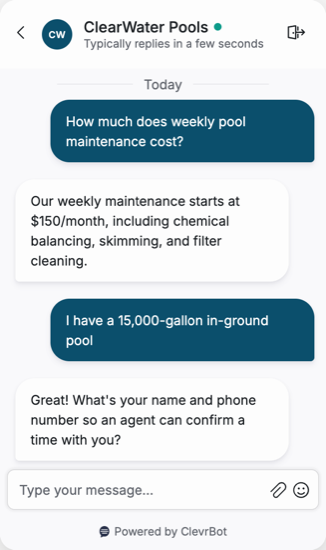 Chatbot for pool service showing a maintenance pricing conversation