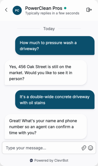 Chatbot for pressure washing showing an estimate request conversation