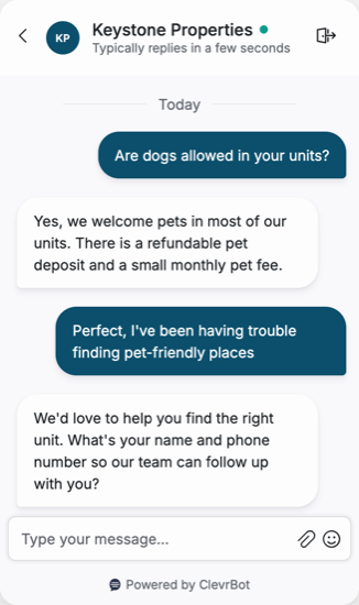 Chatbot for property management companies showing a lead qualification conversation