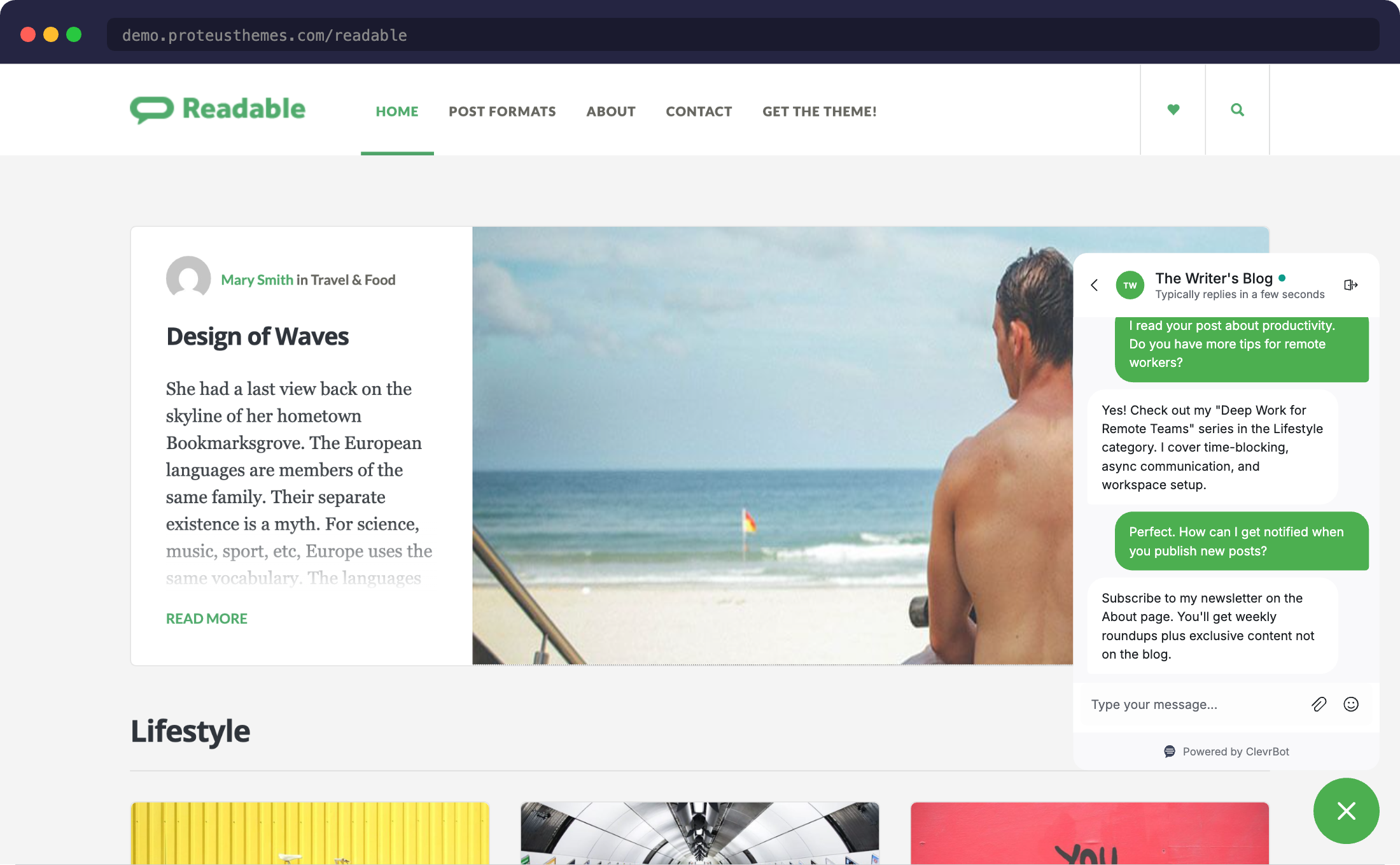 Chatbot for Readable theme showing ClevrBot widget