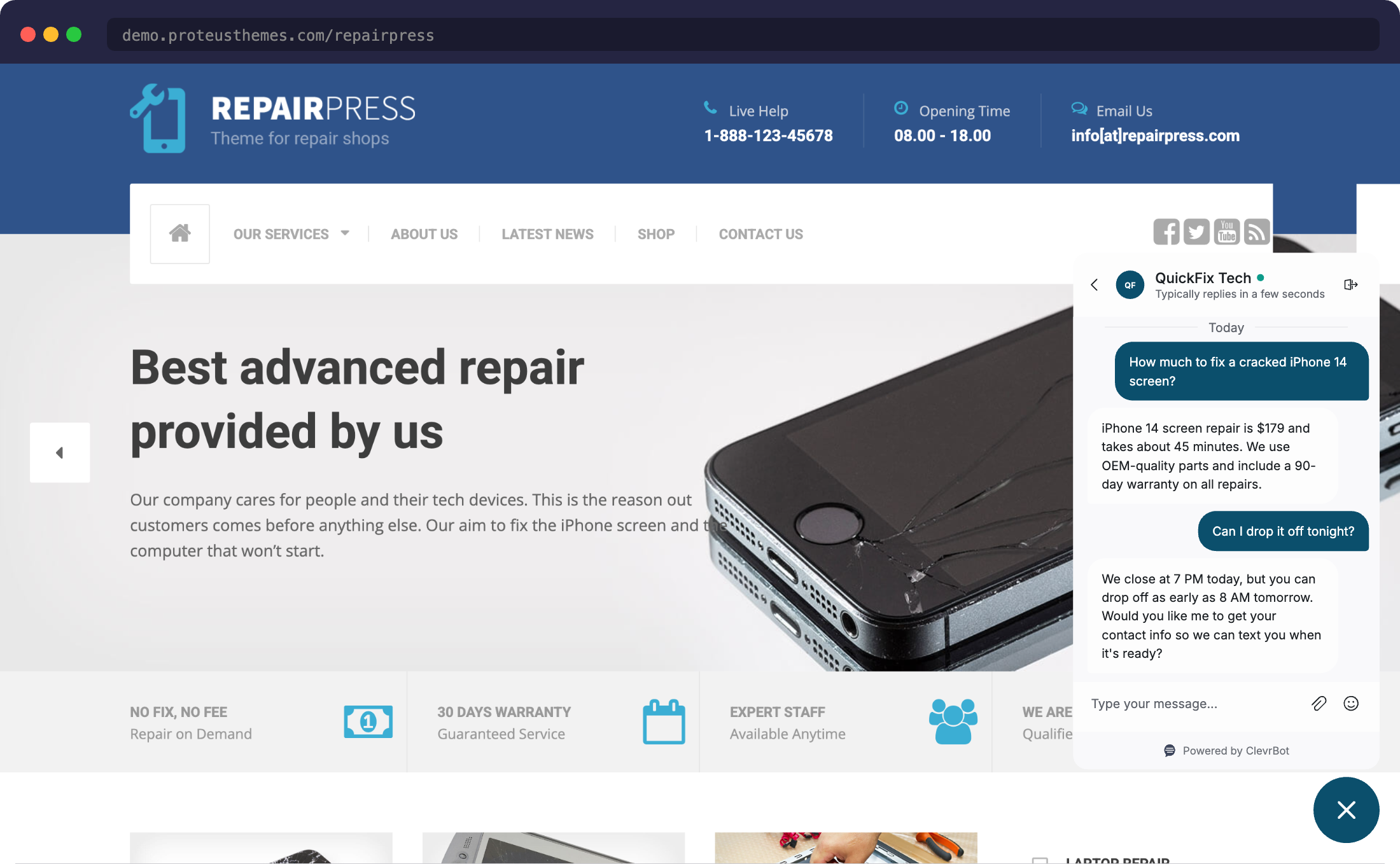 Chatbot for RepairPress - ClevrBot widget answering customer questions