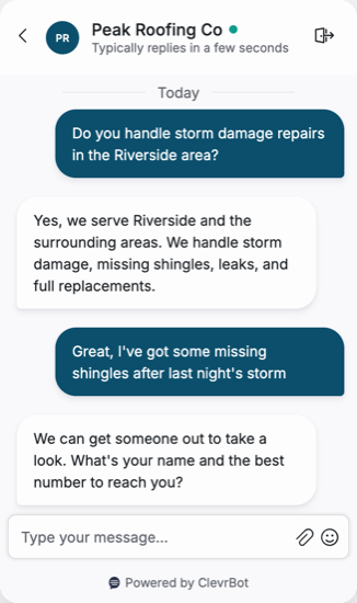 Chatbot for roofing companies showing a lead qualification conversation