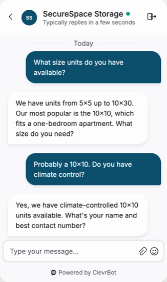 Chatbot for self-storage showing a unit availability conversation