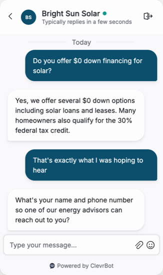 Chatbot for solar companies showing a lead qualification conversation
