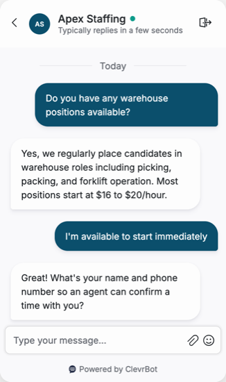 Chatbot for staffing agencies showing a job inquiry conversation