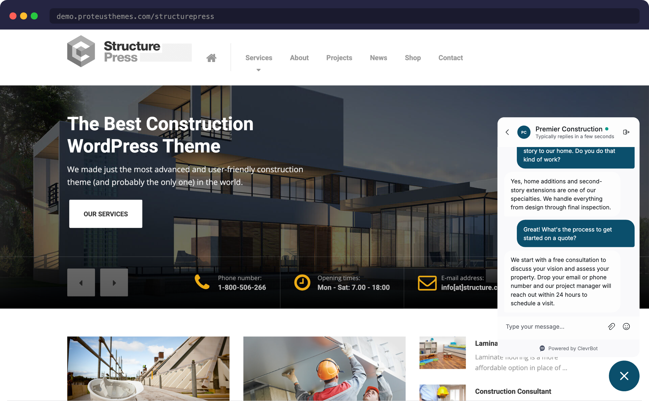 Chatbot for StructurePress showing AI chat widget on construction theme