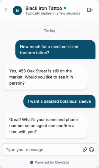 Chatbot for tattoo shops showing a consultation request conversation