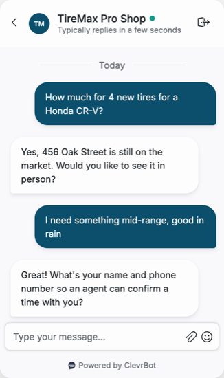 Chatbot for tire shops showing a pricing and availability conversation