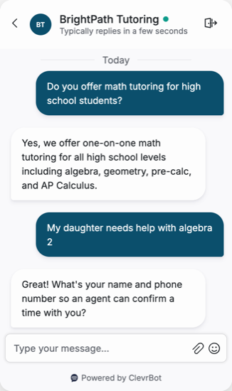 Chatbot for tutoring showing a program inquiry conversation