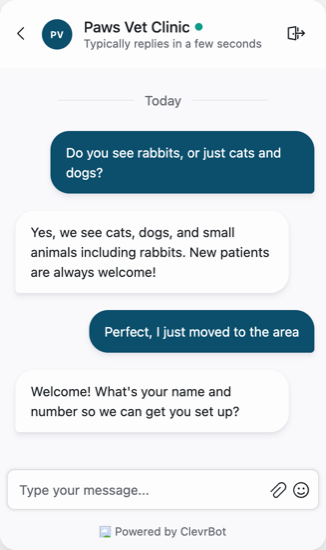 Chatbot for veterinary clinics showing a new client qualification conversation