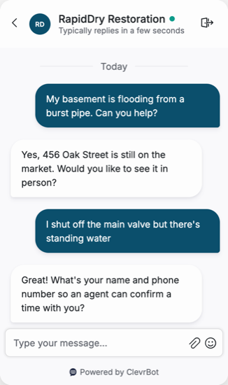 Chatbot for water damage restoration showing an emergency response conversation