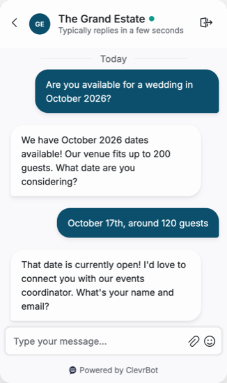 Chatbot for wedding venues showing an availability conversation