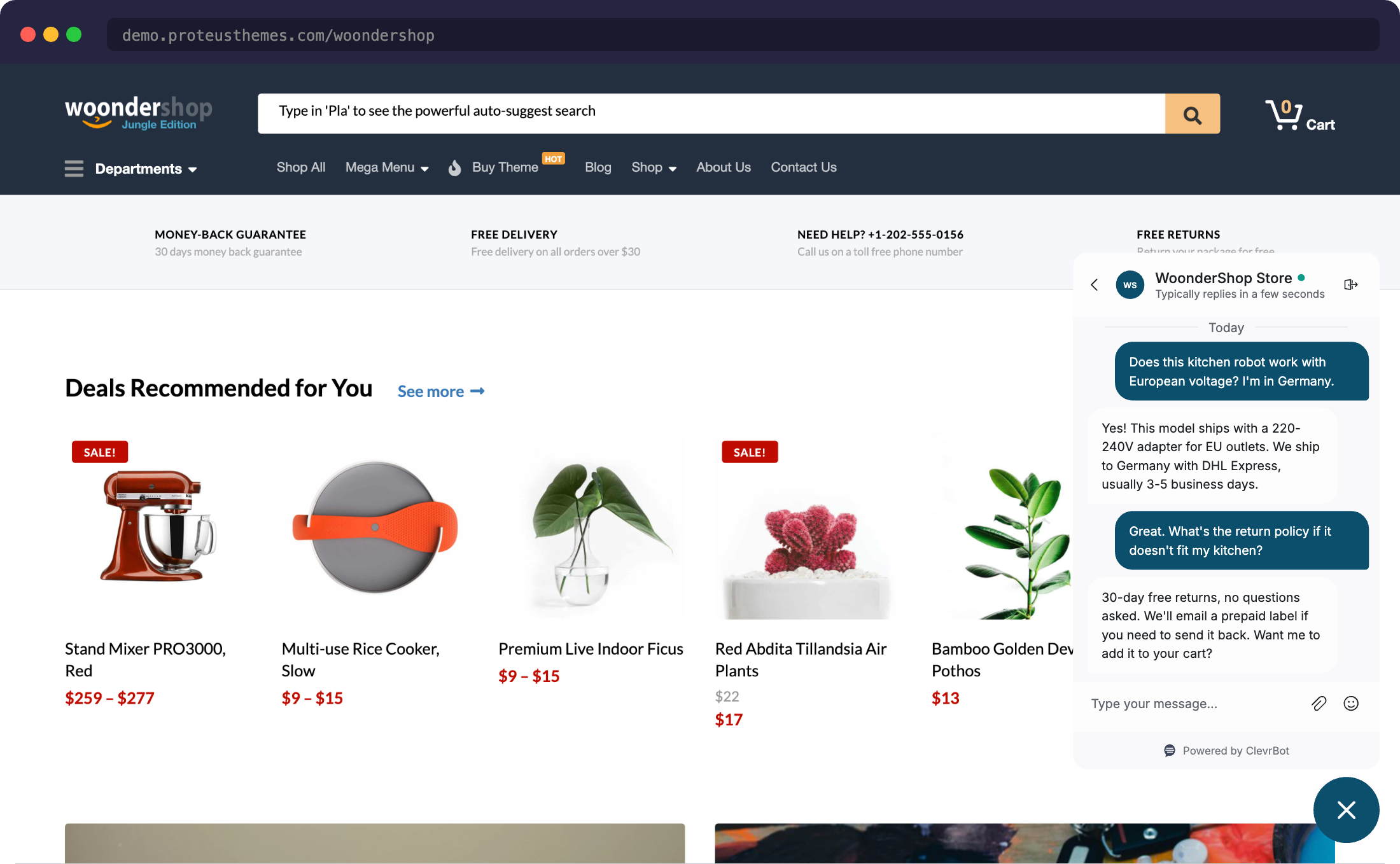 Chatbot for WoonderShop demo showing ClevrBot answering customer questions