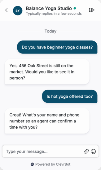 Chatbot for yoga studios showing a class inquiry conversation