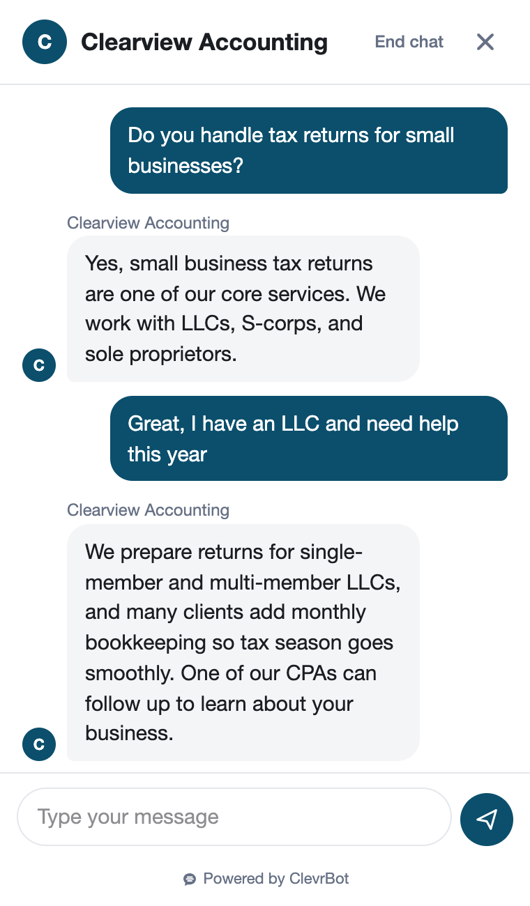 Chatbot for accounting firms showing a lead qualification conversation