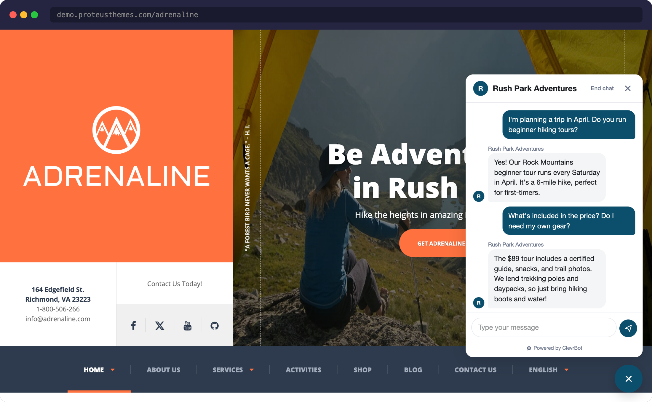 Chatbot for Adrenaline theme answering adventure travel questions