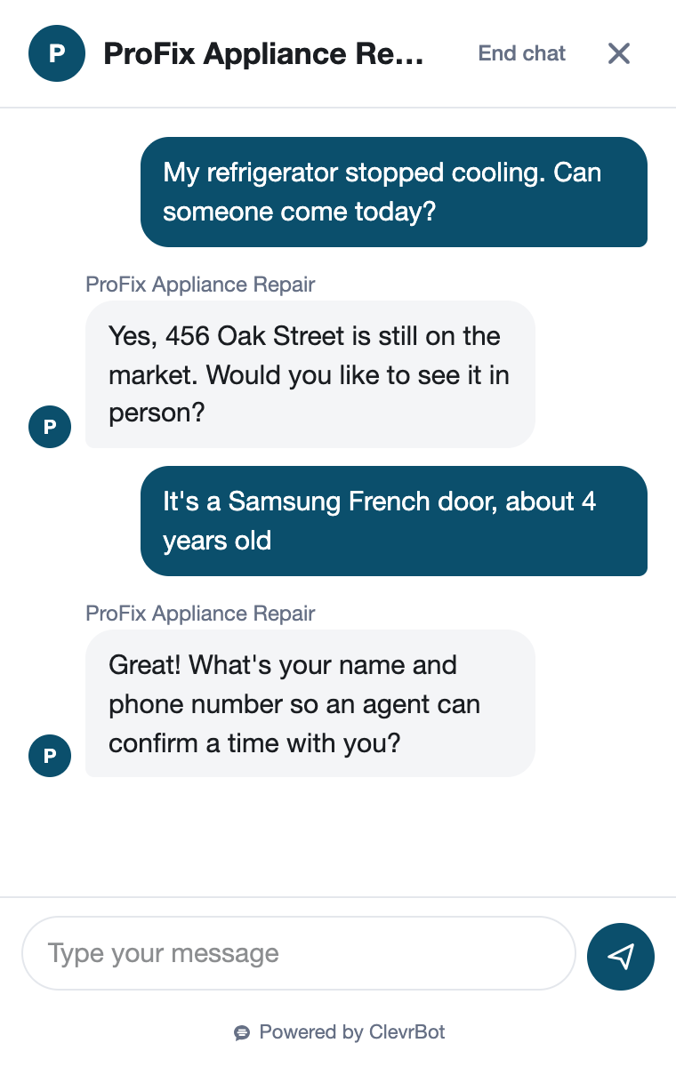 Chatbot for appliance repair showing an emergency service request