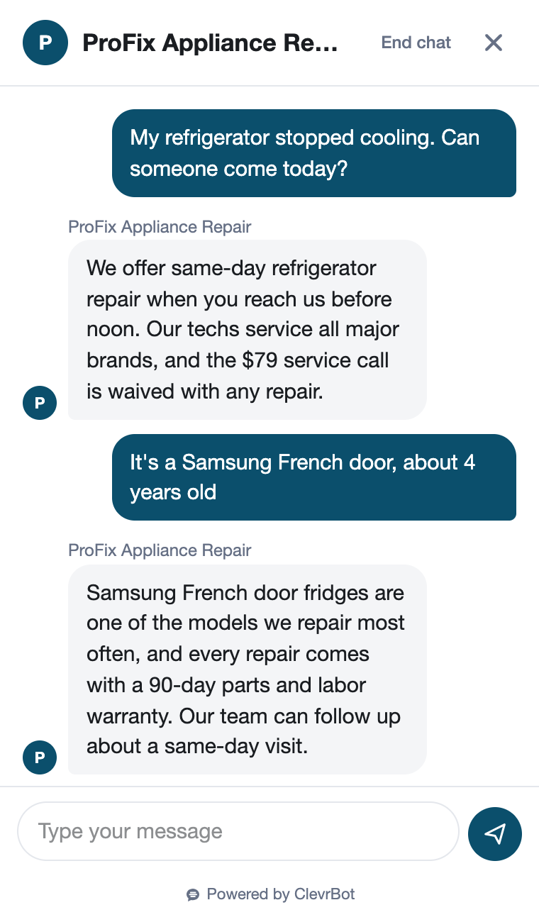 Chatbot for appliance repair showing an emergency service request
