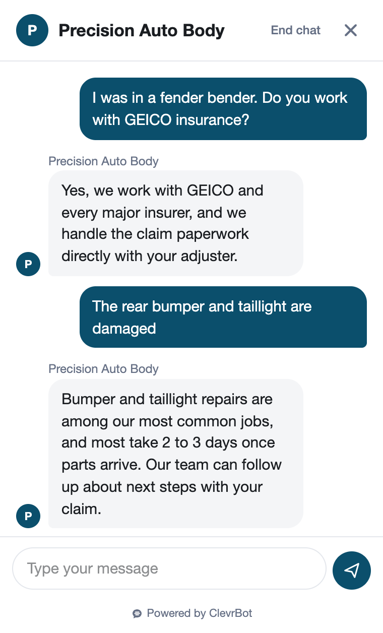 Chatbot for auto body shops showing an insurance and estimate conversation
