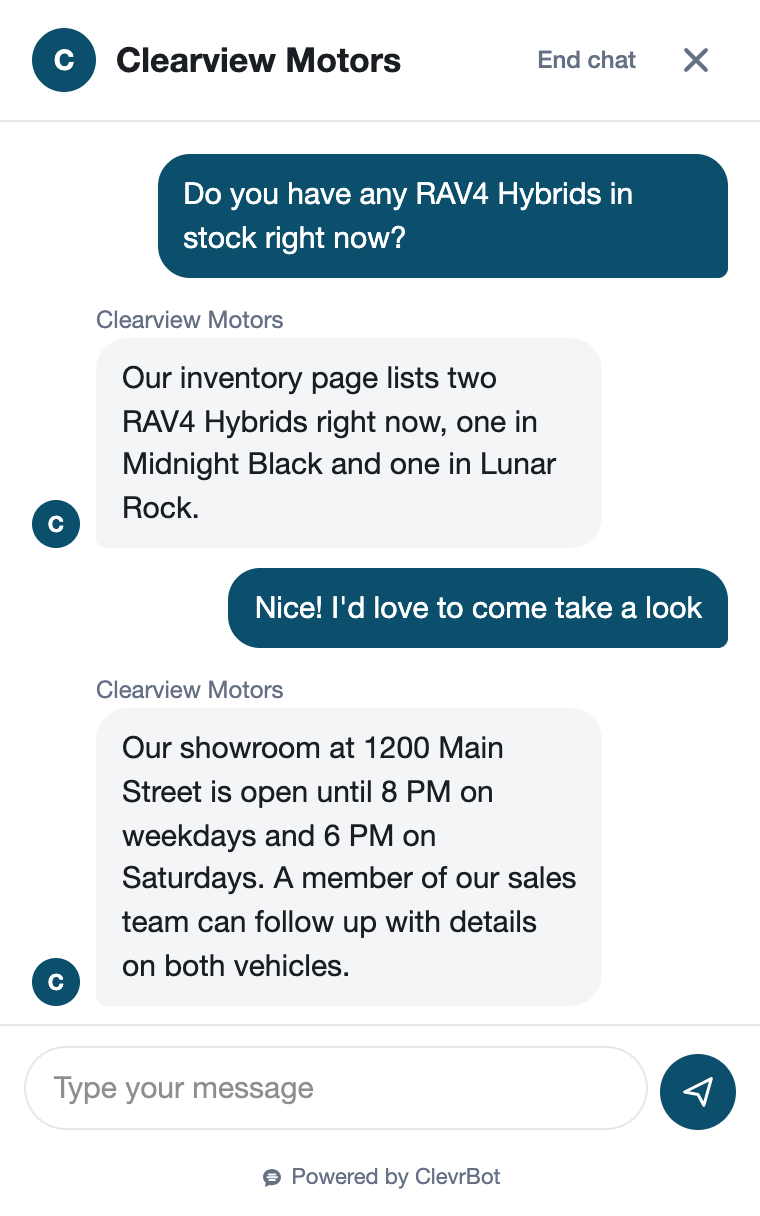 Automotive chatbot answering a car dealership shopper's question about vehicles in stock