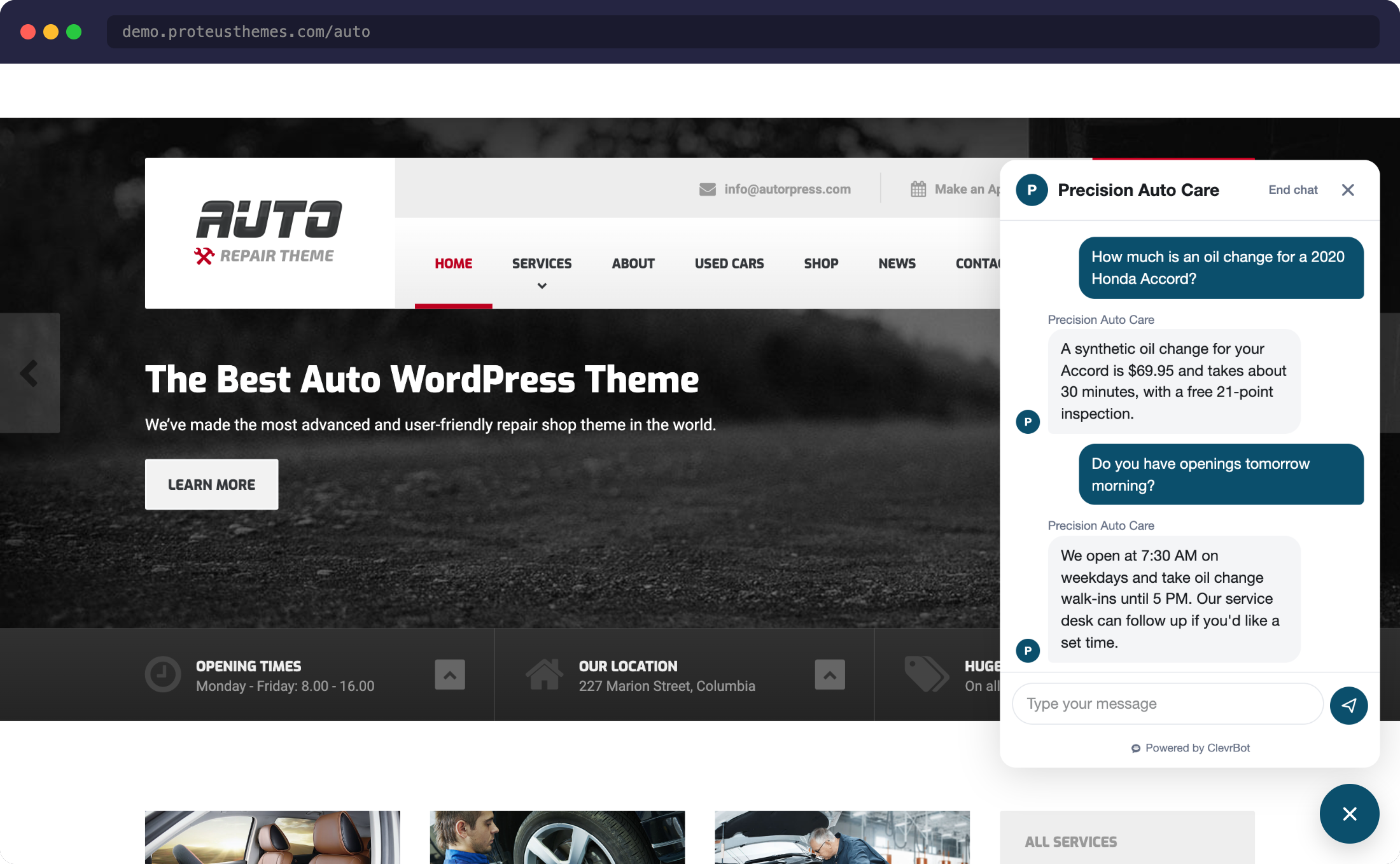 Chatbot for Auto theme showing AI chat widget on car repair website