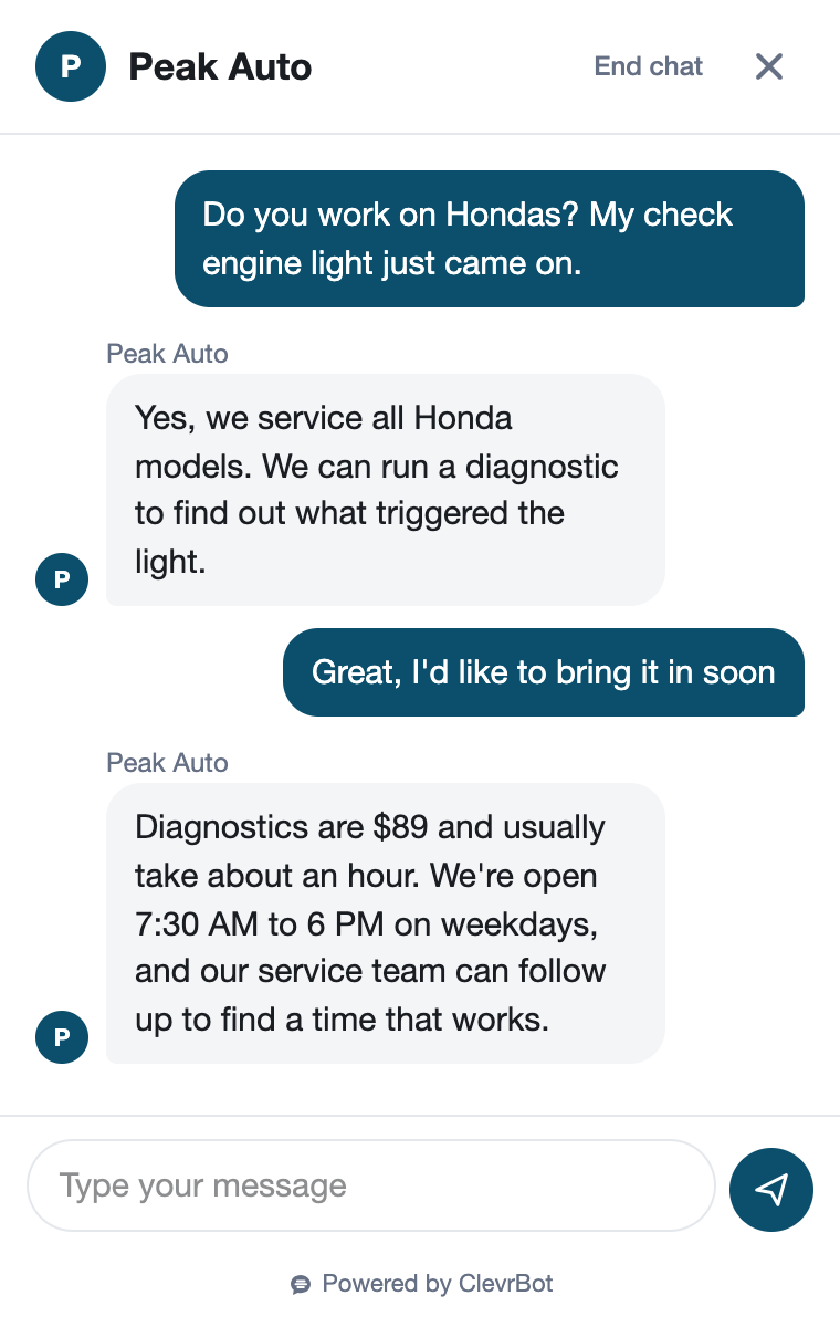 Chatbot for auto repair shops showing a lead qualification conversation
