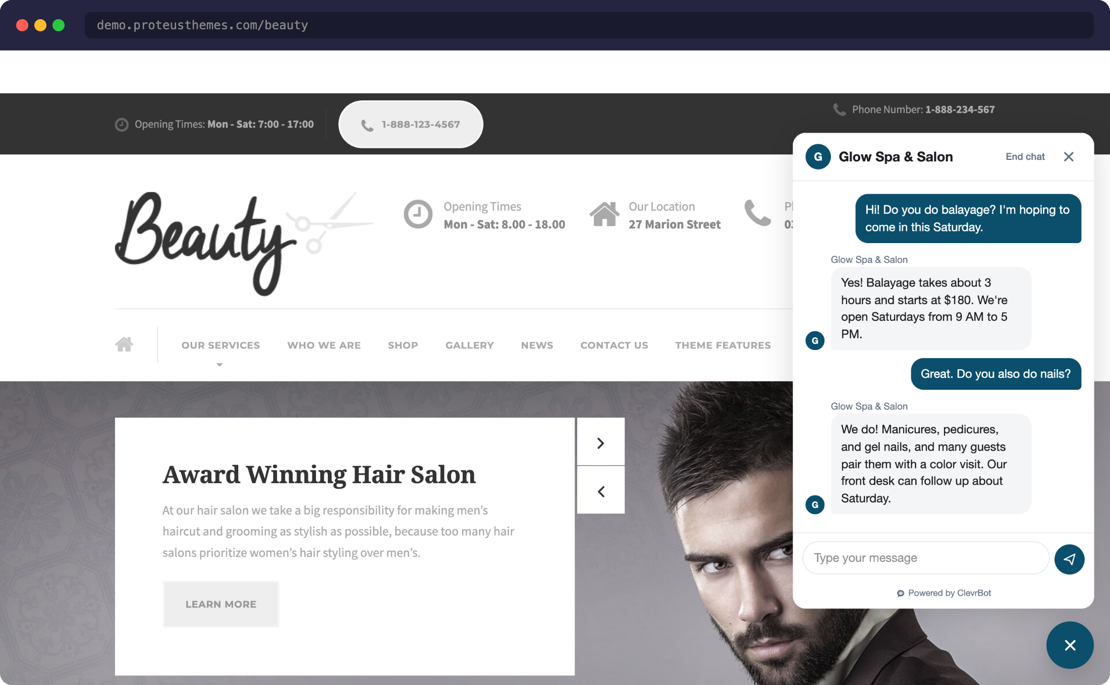 Chatbot for Beauty theme showing chat widget on salon website