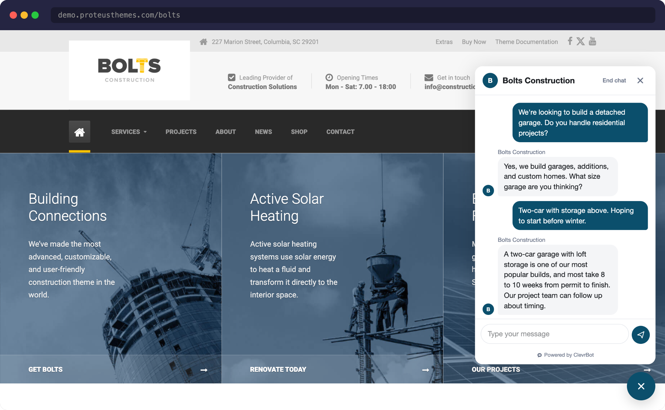 Chatbot for Bolts theme showing AI chat widget answering construction questions