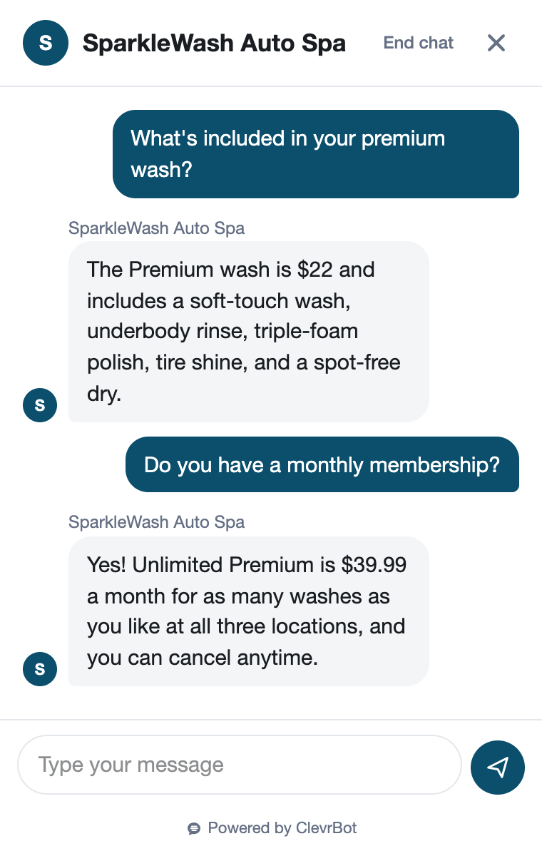 Chatbot for car washes showing a membership inquiry conversation