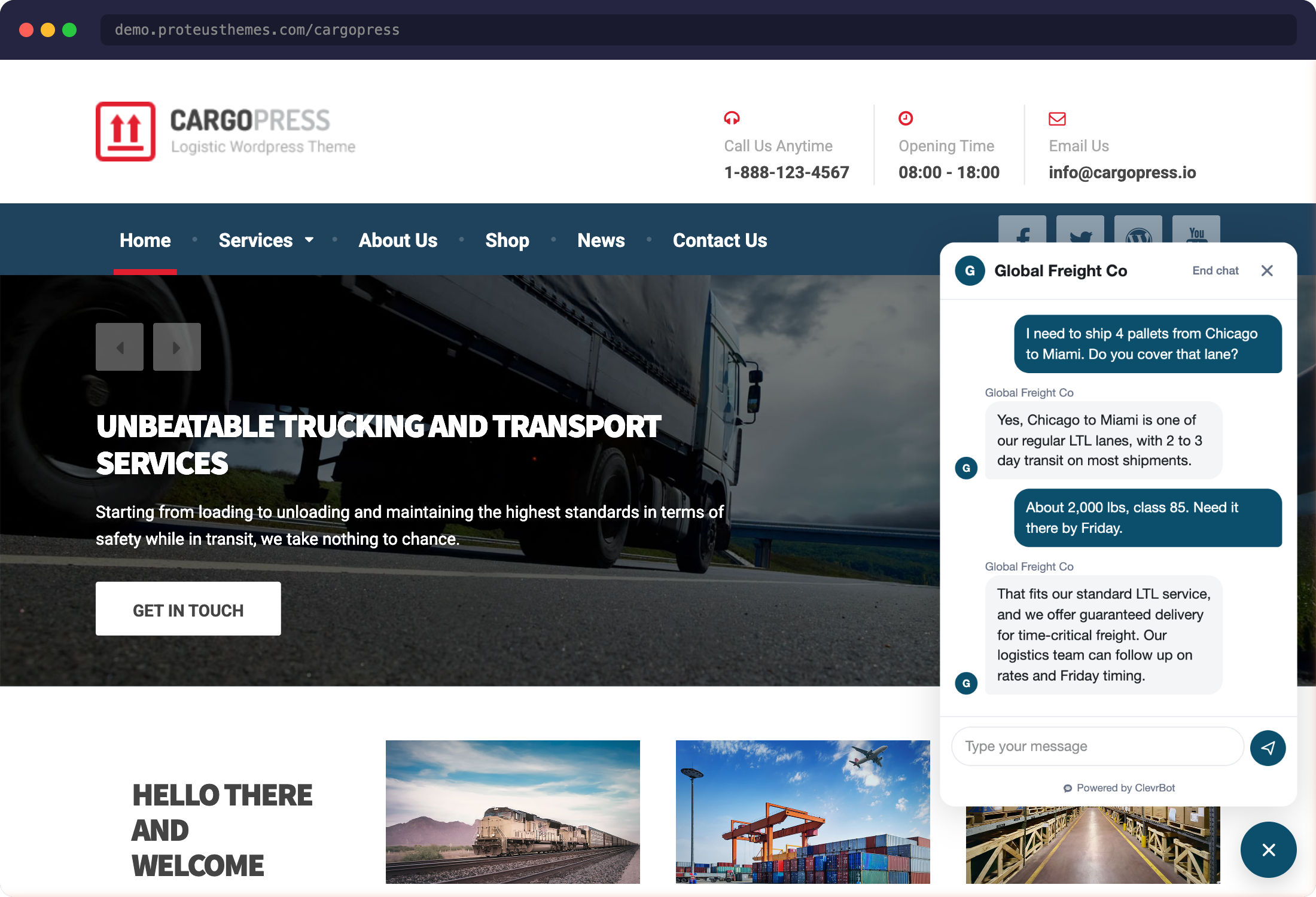 Chatbot for CargoPress theme demo with ClevrBot widget