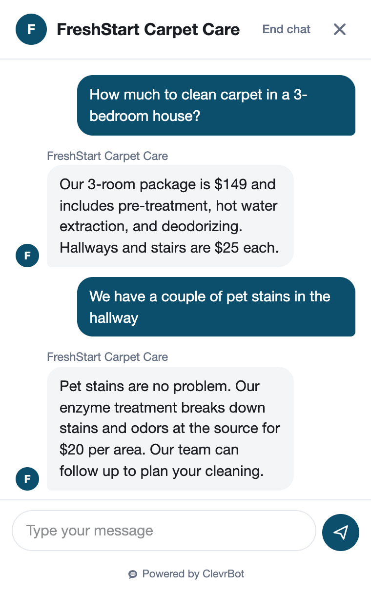 Chatbot for carpet cleaning showing a quote request conversation