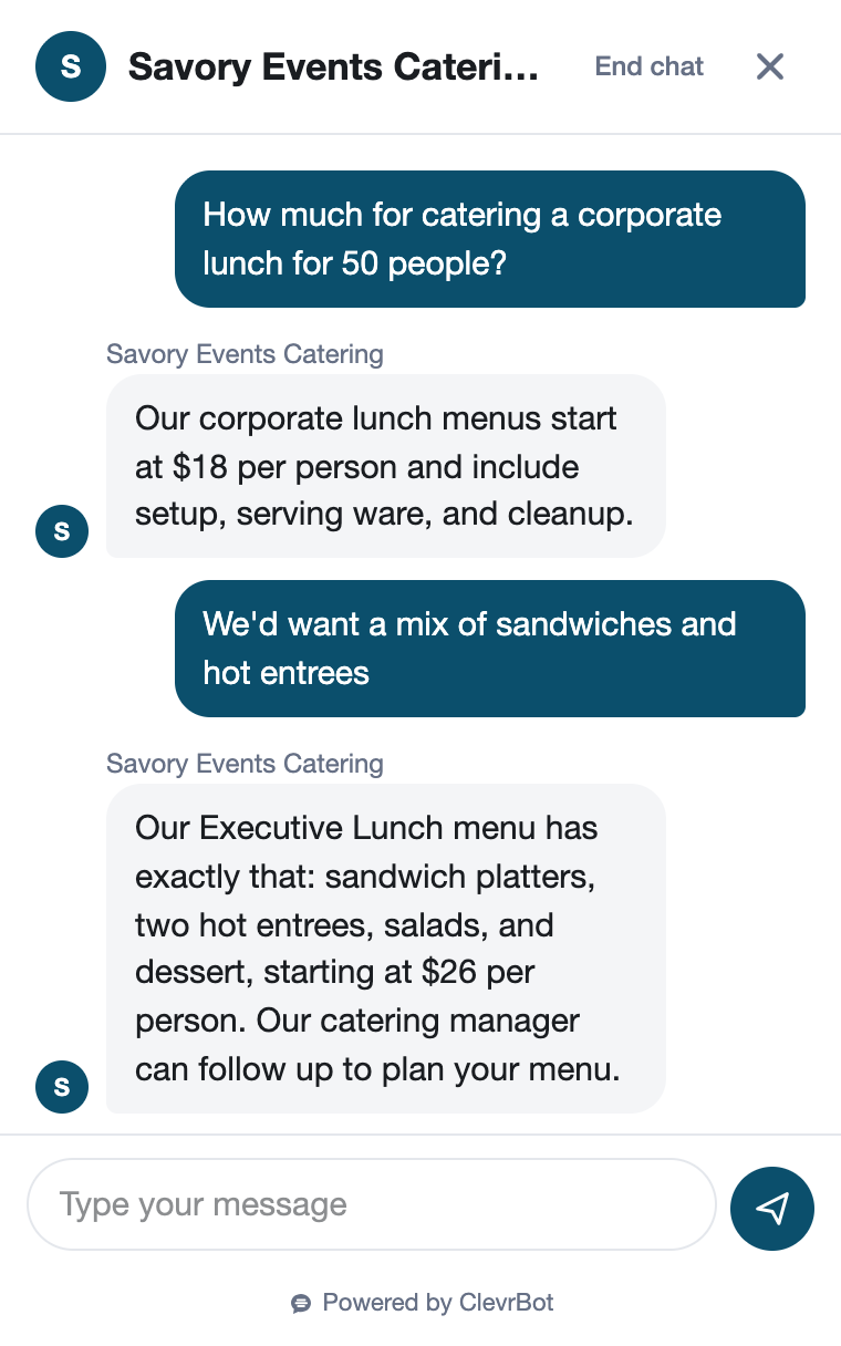 Chatbot for catering showing a corporate event inquiry