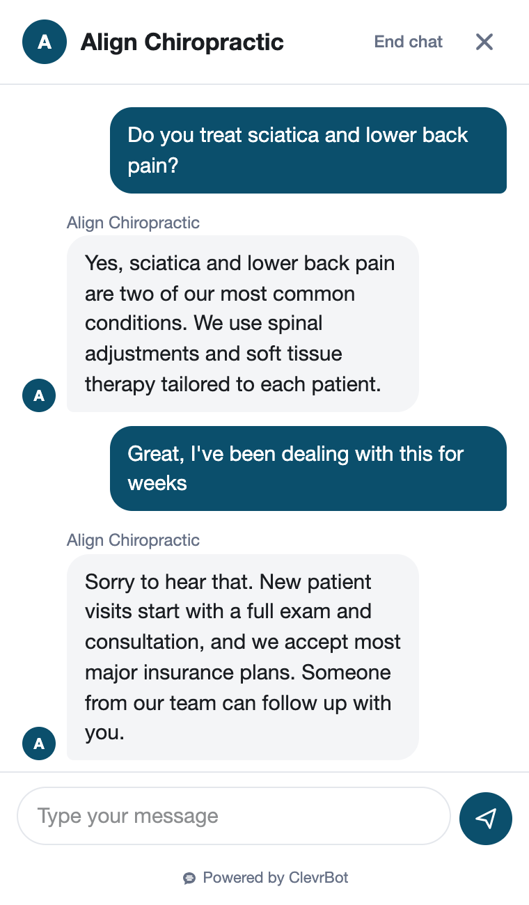 Chatbot for chiropractors showing a patient lead qualification conversation