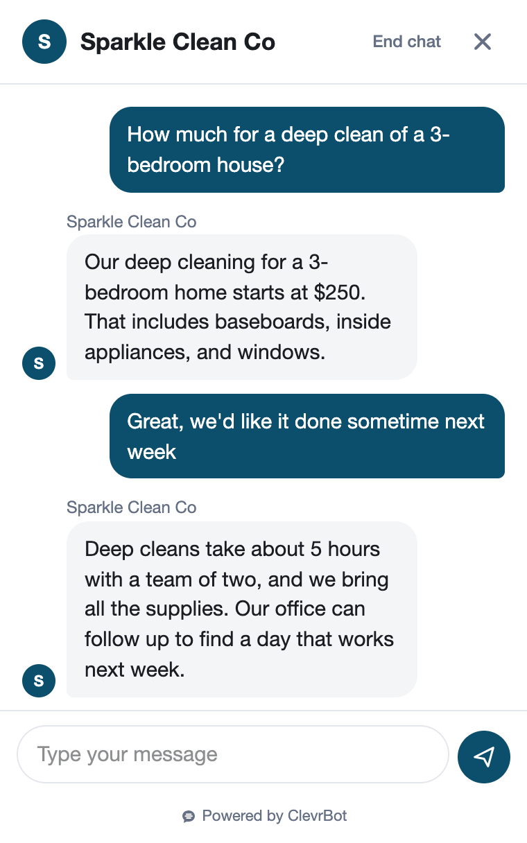 Chatbot for cleaning services showing a pricing and booking conversation