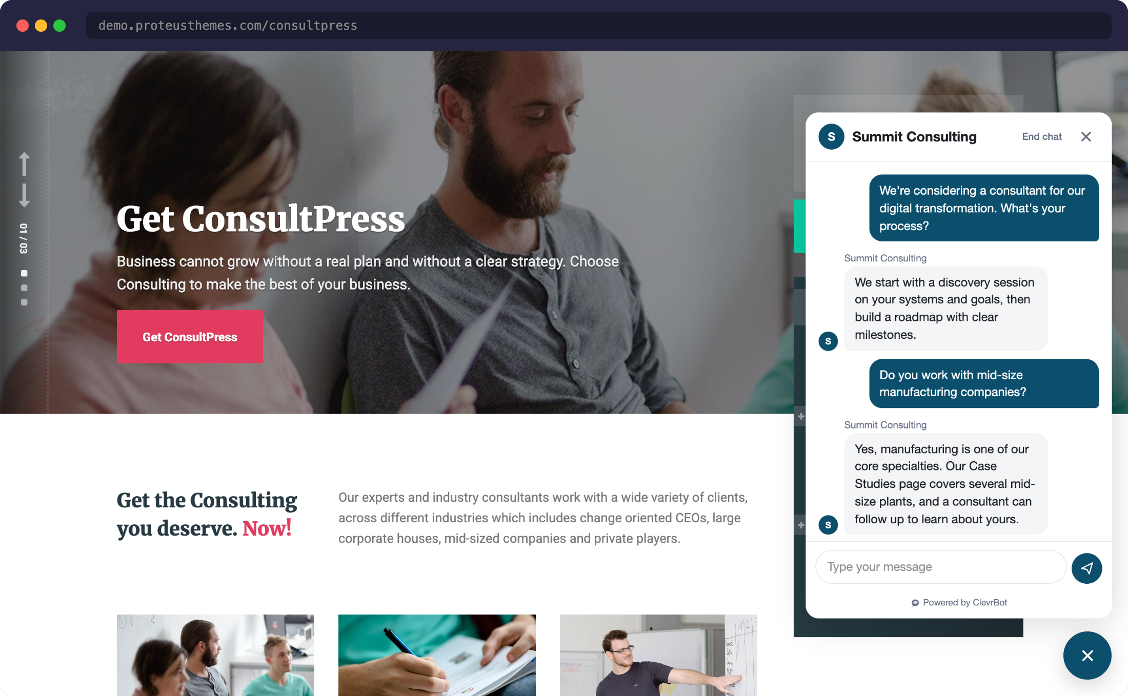 Chatbot for ConsultPress theme demo with ClevrBot widget