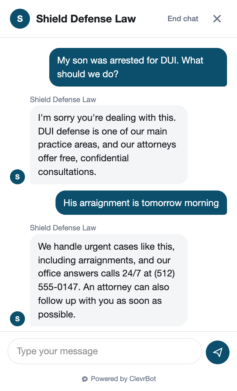 Chatbot for criminal defense showing an urgent case inquiry
