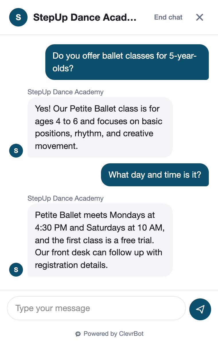 Chatbot for dance studios showing a class inquiry conversation