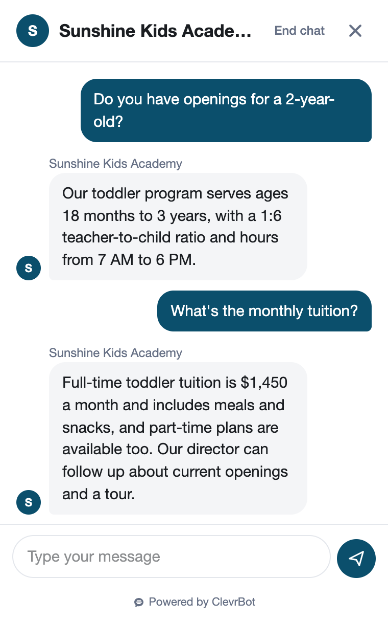 Chatbot for daycare showing an enrollment inquiry conversation