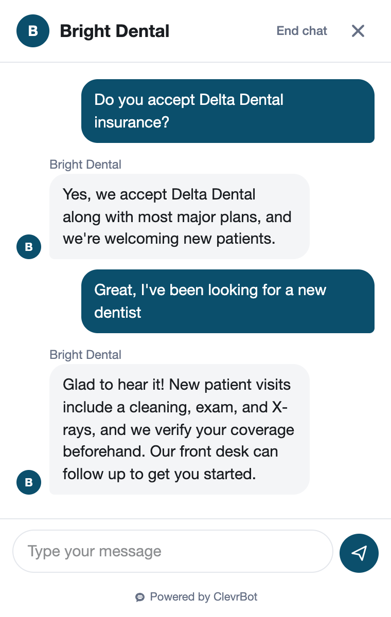 Chatbot for dental practices showing a new patient qualification conversation