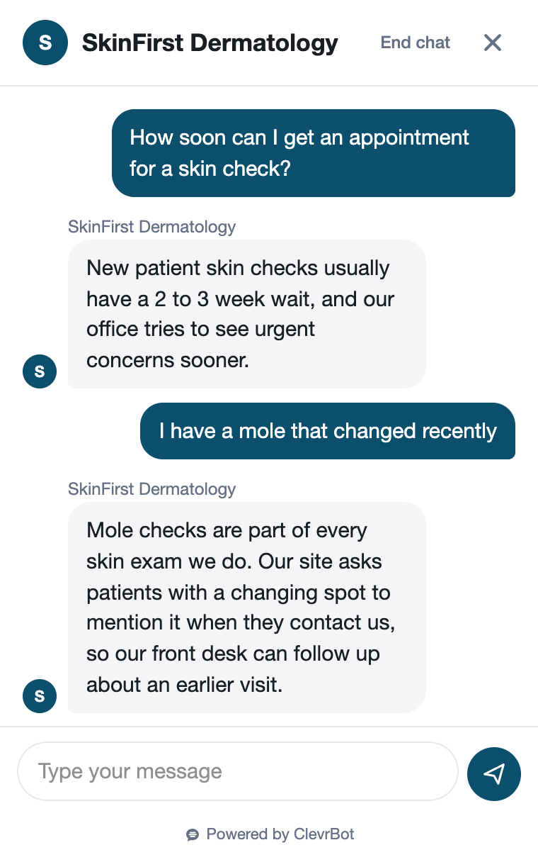 Chatbot for dermatologists showing an appointment request conversation
