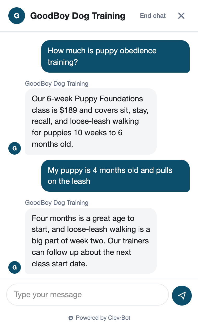 Chatbot for dog training showing a program inquiry conversation