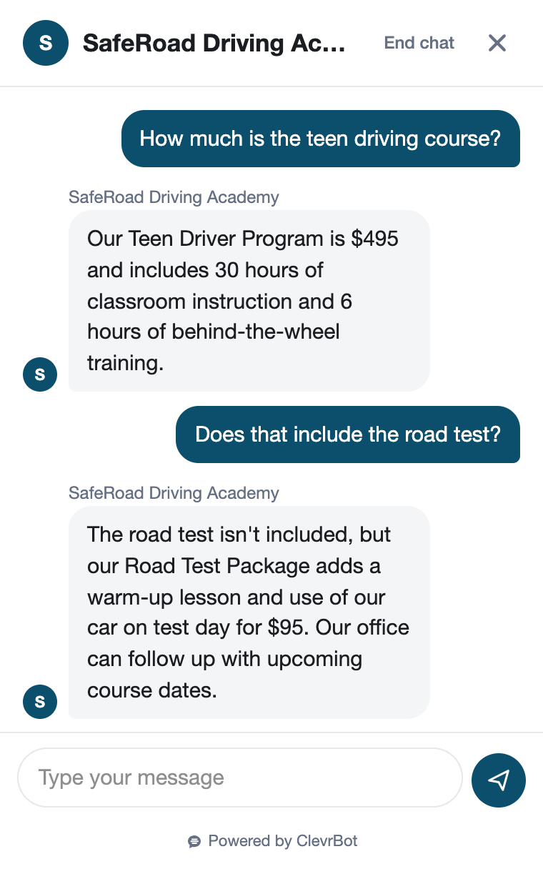 Chatbot for driving schools showing a course inquiry conversation