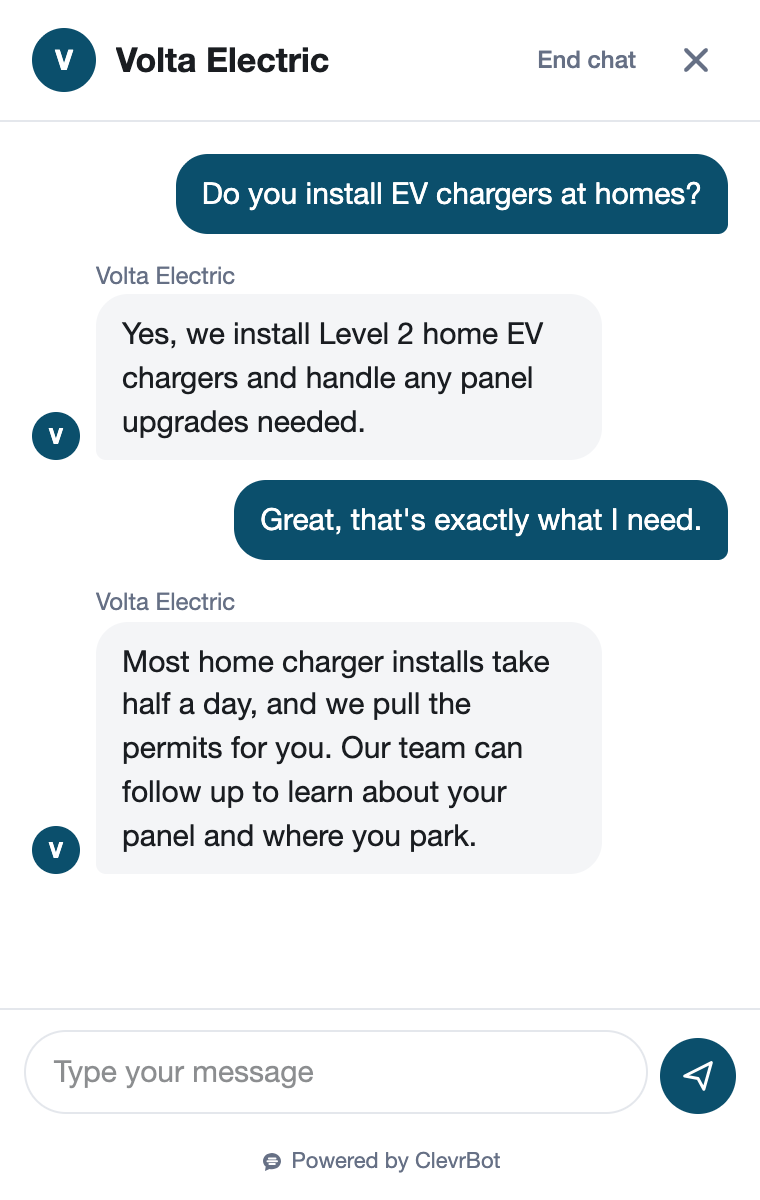Chatbot for electricians showing a lead qualification conversation