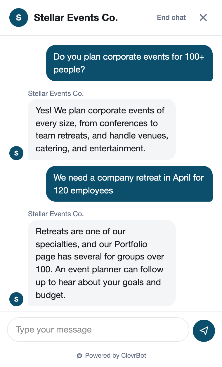 Chatbot for event planners showing a corporate event inquiry