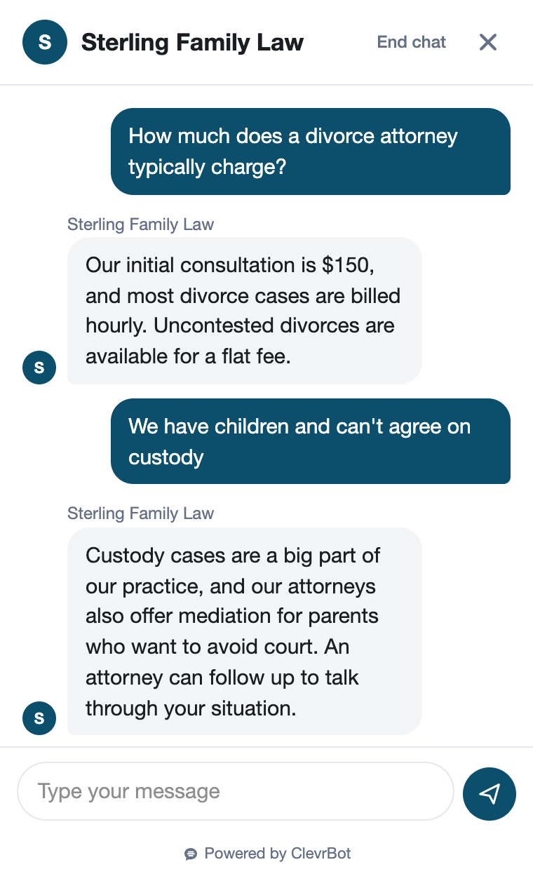 Chatbot for family law showing a consultation inquiry conversation