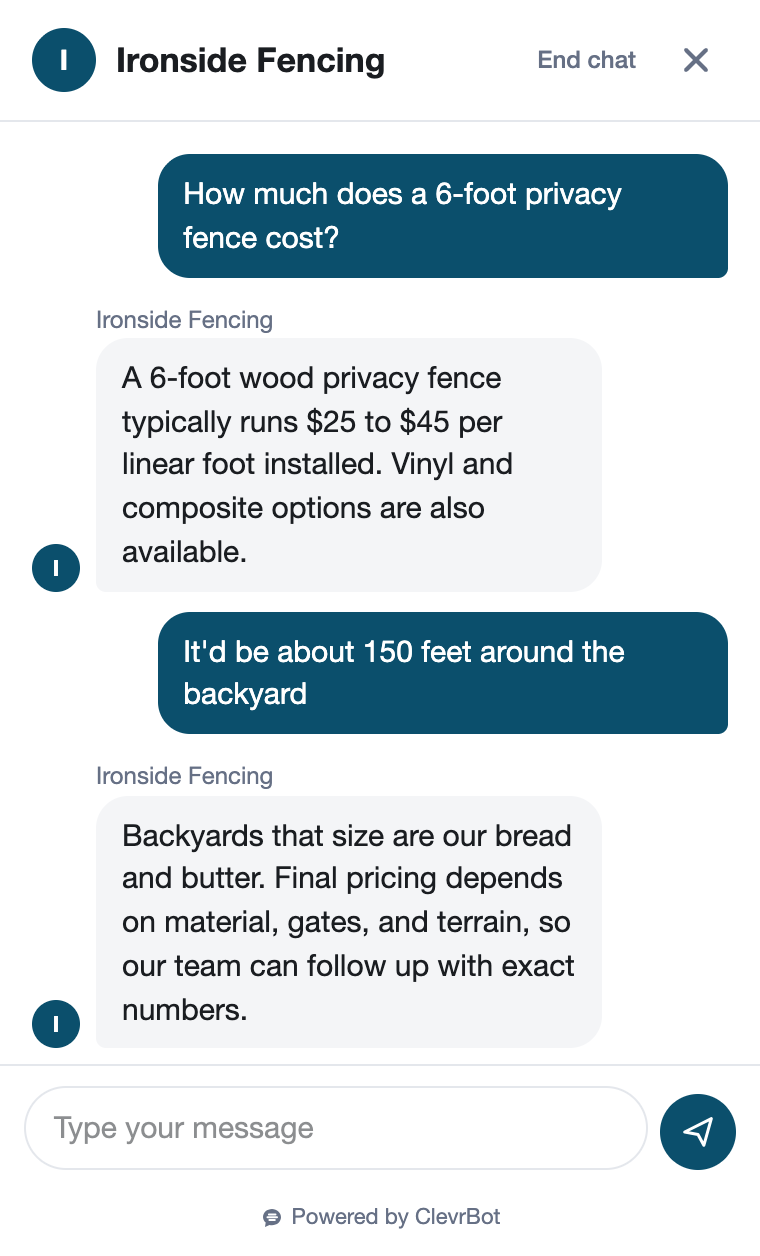 Chatbot for fencing companies showing a pricing conversation