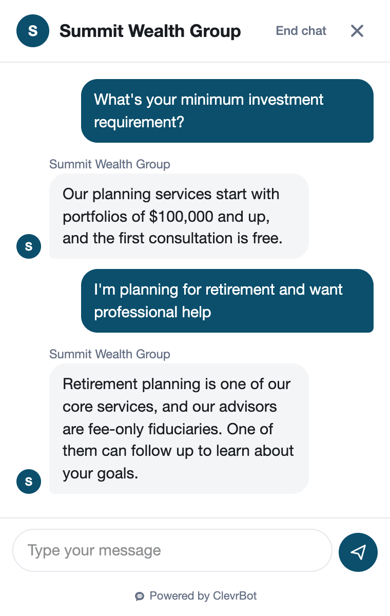 Chatbot for financial advisors showing a consultation request conversation