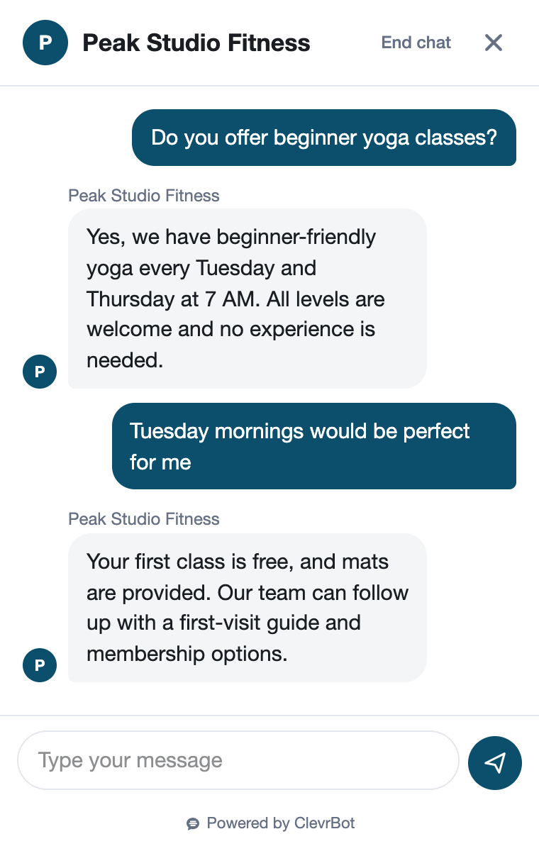 Chatbot for fitness studios showing a lead qualification conversation